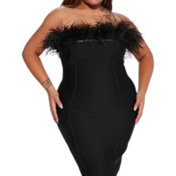Serena Bandage Feather Midi Dress - Black (NWT) XL (Little Stretch) - Picture 3 of 6